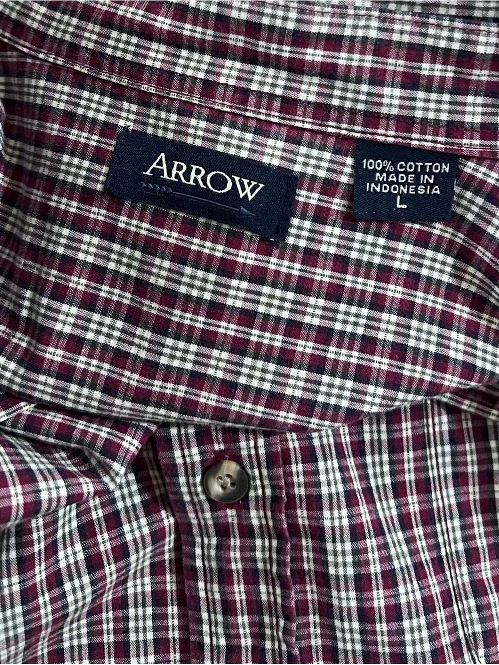 Arrow Men’s Burgundy and White Plaid Cotton Button-Down Shirt Large